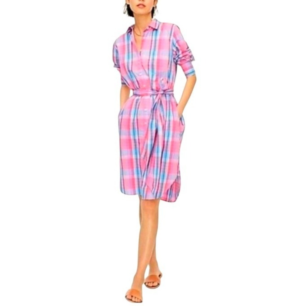J. Crew Pink Blue Madras Plaid Countrycore Farm Button Tie Waist Shirt Dress 12P